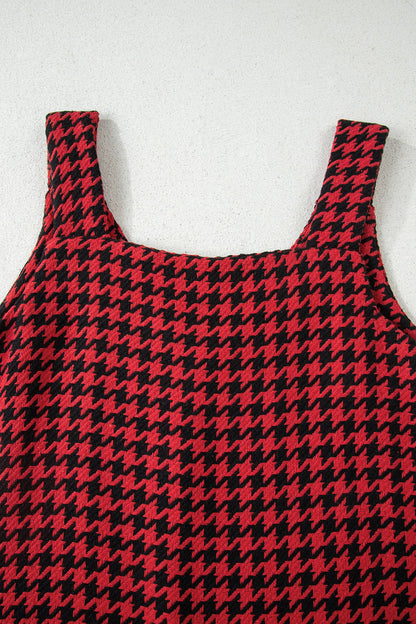 Khaki Houndstooth Print V Neck Sleeveless Mini Dress