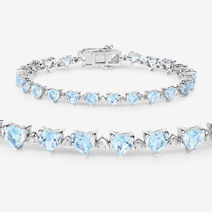 Heart Blue Topaz & Diamond Prong Silver Tennis Bracelet