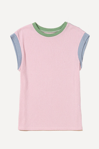 Pink Color Block Corded Knit Crew Neck Tee