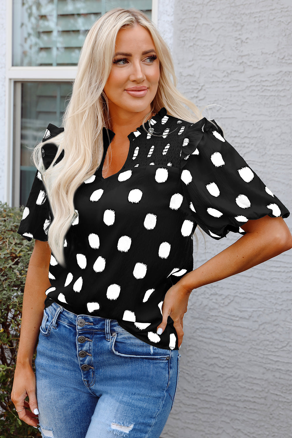 Threaded Pear Nola Notched Balloon Sleeve Blouse