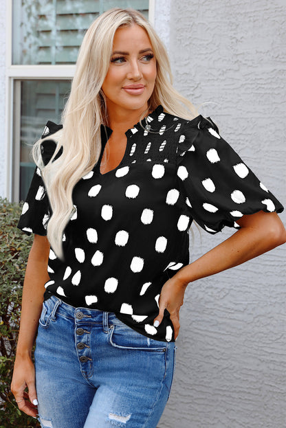 Threaded Pear Nola Notched Balloon Sleeve Blouse
