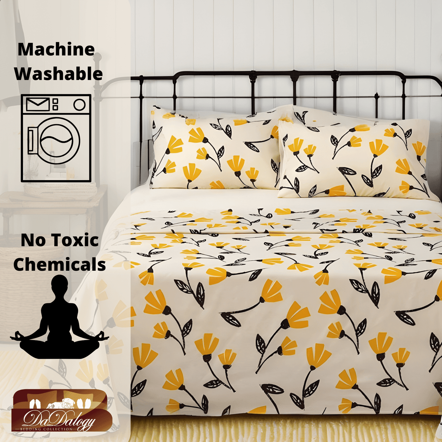 DaDa Bedding Yellow Fleur Floral Fitted and Flat Sheet Set