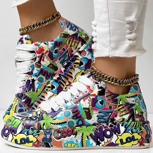 Round-Toe Thick-Sole Lace-Up Sneakers — Women’s Casual Print Shoes