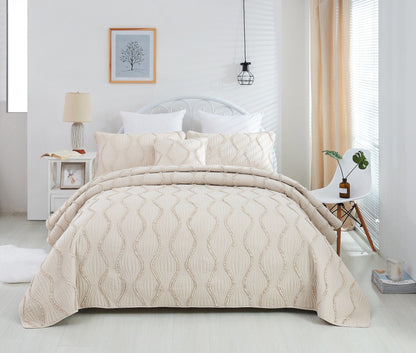 DaDa Bedding Soft Charming French Country Ruffles Quilted Cotton Bedspread Set - Ivory Cream Tan (JHW873)