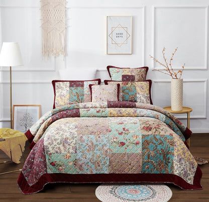 DaDa Bedding Burgundy Paisley Patchwork Cotton Quilt Set