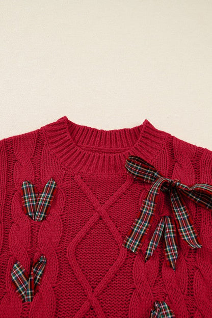 Red Plaid Lace-Up Puff Sleeve Sweater