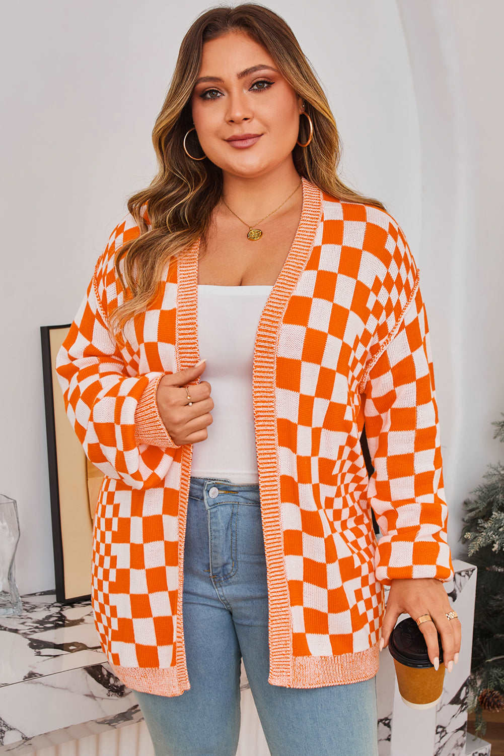 Rosalyn Drop Shoulder Open PLUS Cardigan - Orange / 1X - 14W-16W