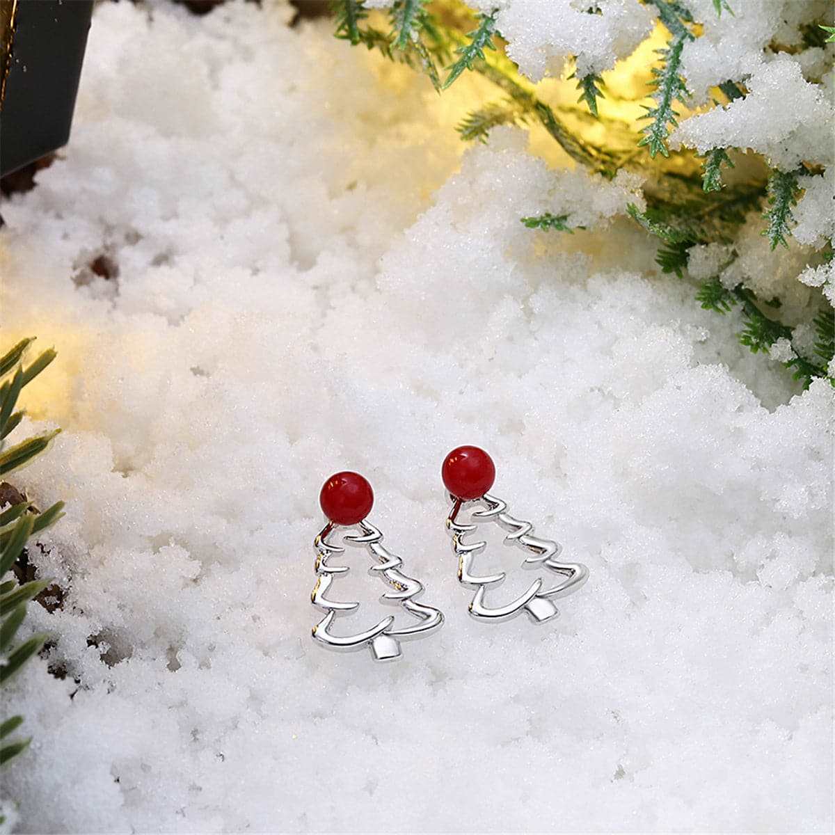 Red Resin & Silvertone Open Christmas Tree Stud Earrings
