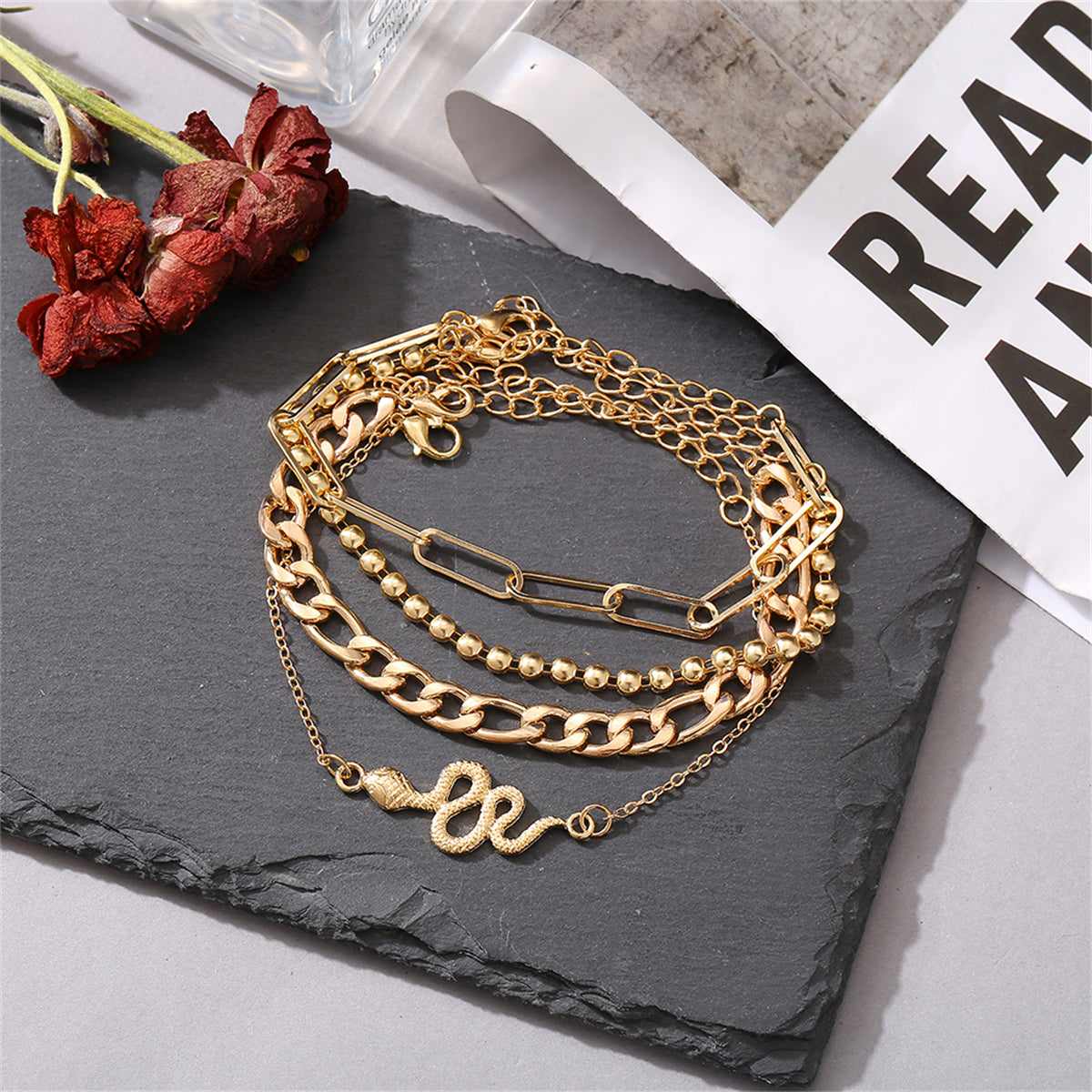 Goldtone Cable Chain Snake Anklet Set