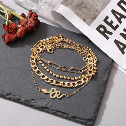 Goldtone Cable Chain Snake Anklet Set