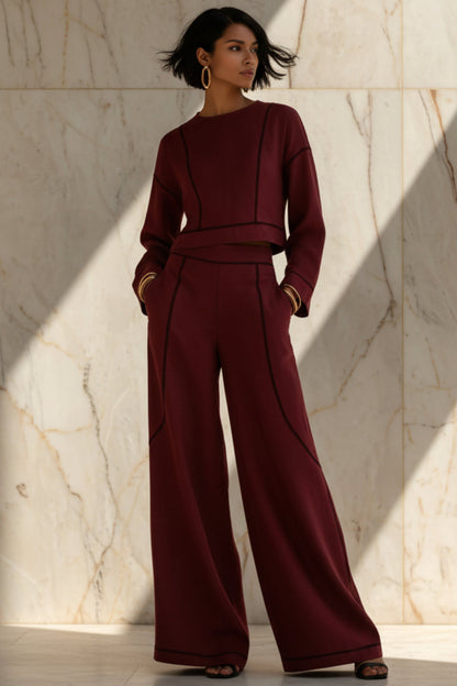 Women's Cropped Long-Sleeve Top & Ultra-Wide Palazzo Pants Set