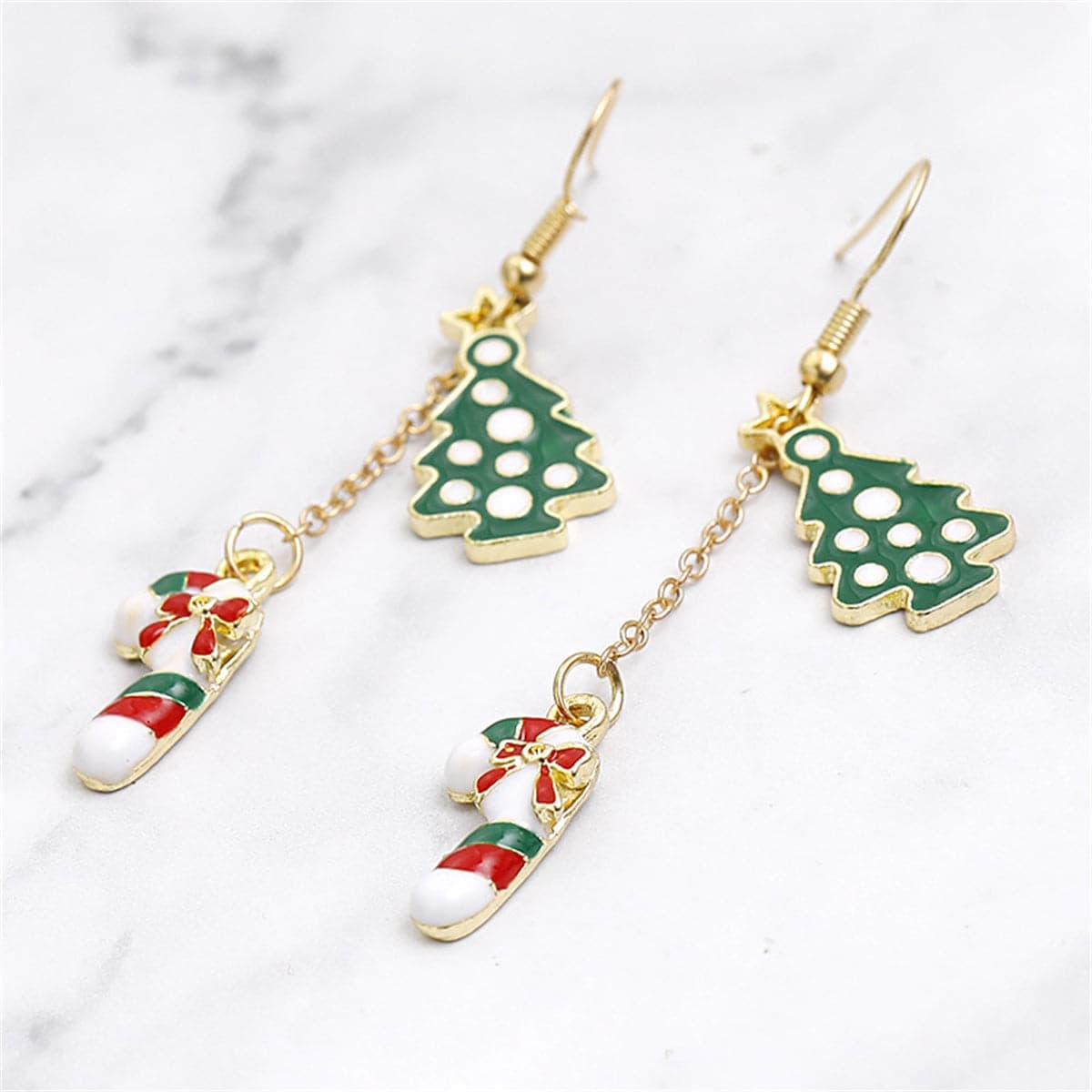 Green Enamel & Goldtone Christmas Tree Candy Cane Drop Earrings