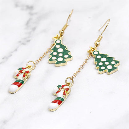 Green Enamel & Goldtone Christmas Tree Candy Cane Drop Earrings