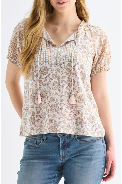 Lucky Brand Women's Short Sleeve Notch Neck - Pink Multi