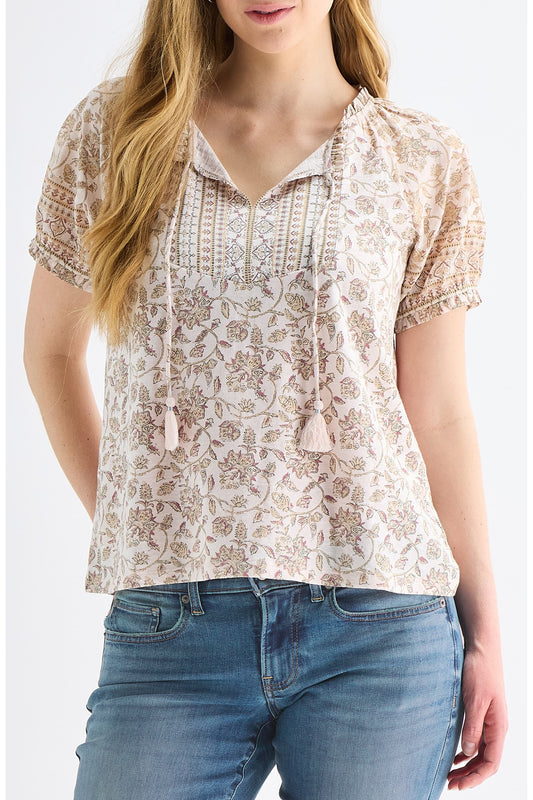 Lucky Brand Women's Short Sleeve Notch Neck - Pink Multi