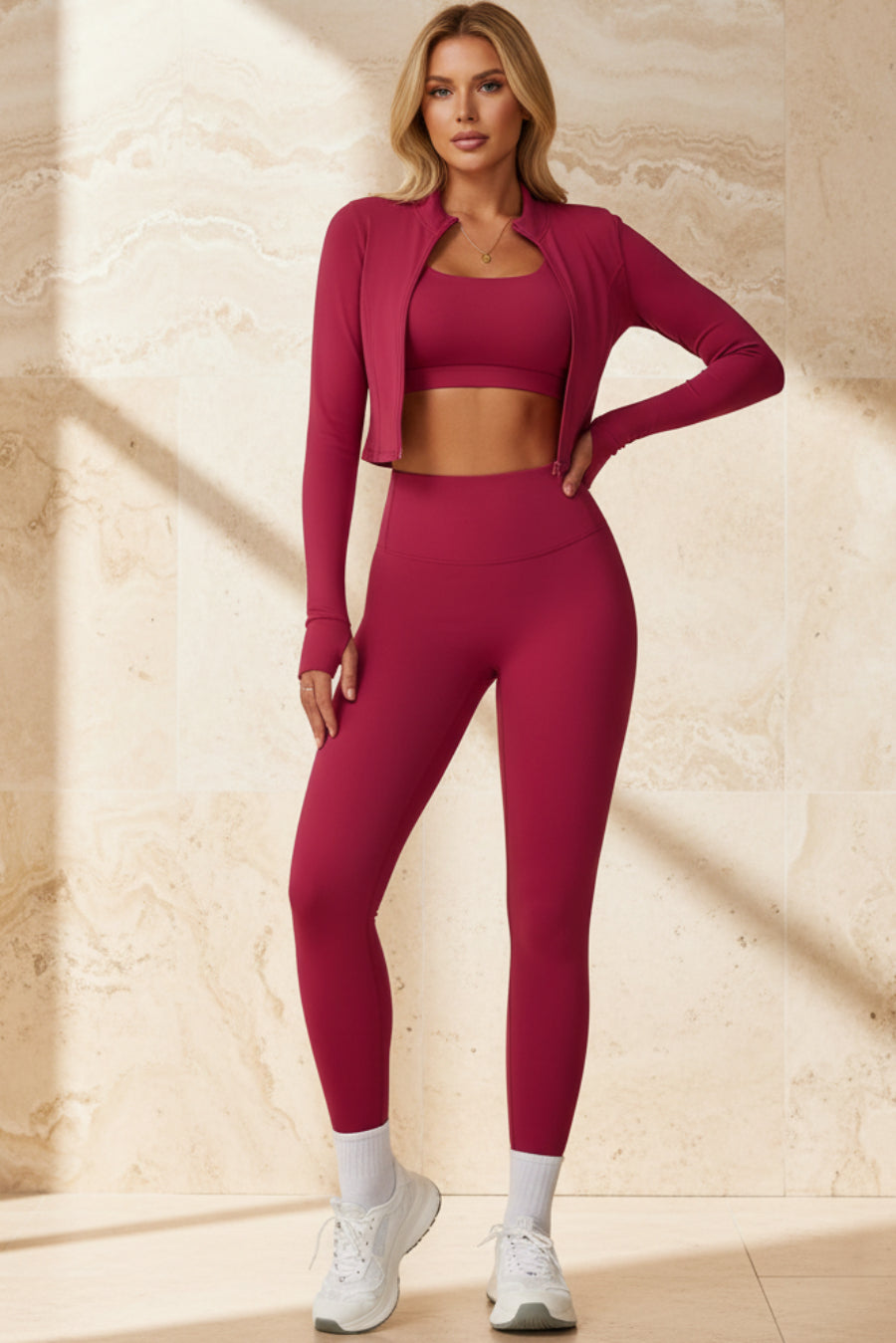 Women's High-Waist 3-Piece Athletic Set – Long Sleeve Jacket, Sports Bra & Leggings