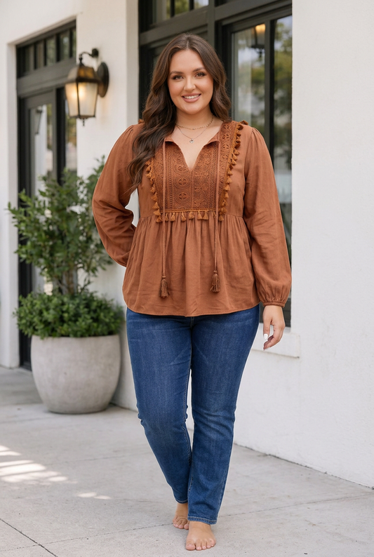 Threaded Pear Farrah Long Sleeve Blouse Long Sleeve PLUS Top