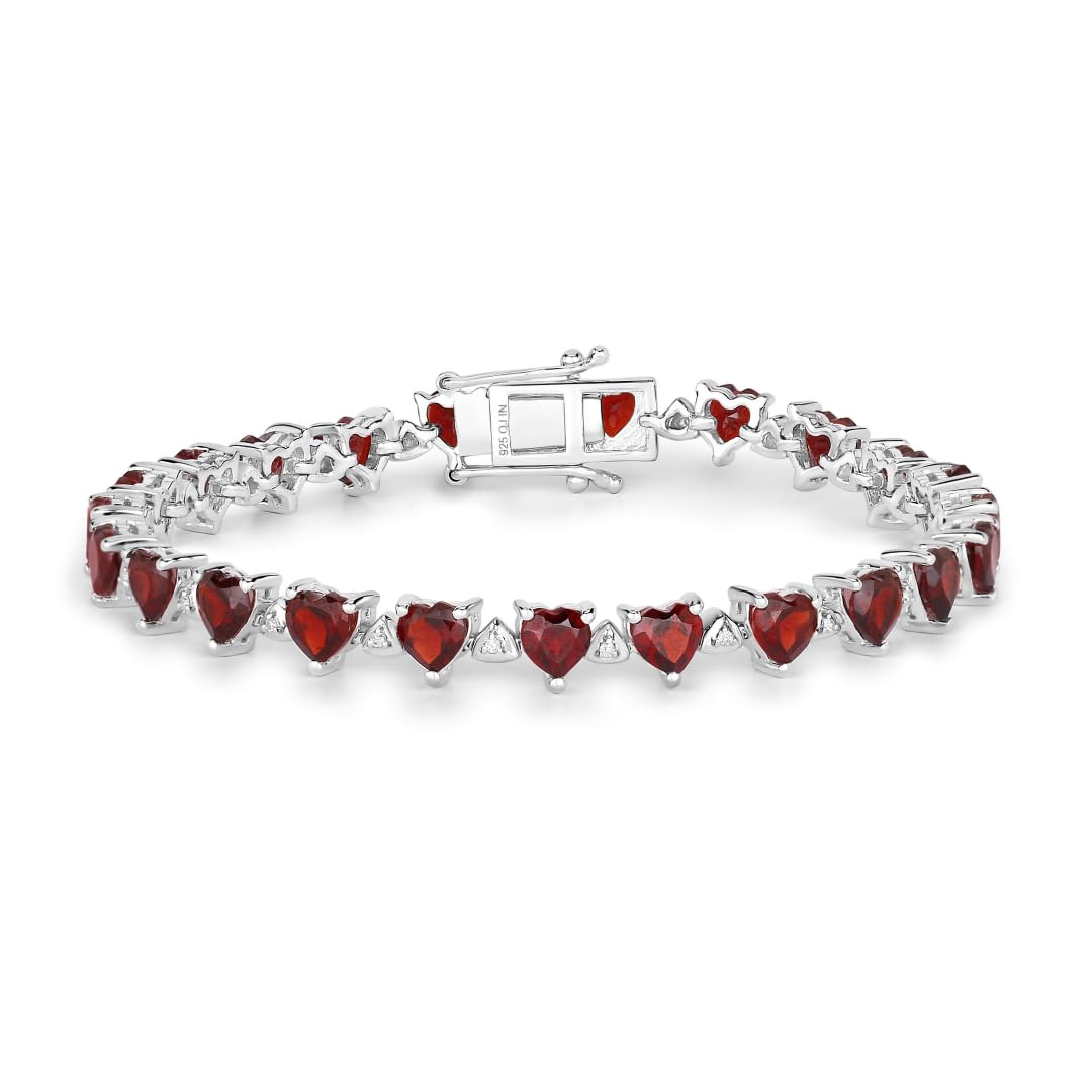 Heart Red Garnet Prong Sterling Silver Box Clasp Tennis Bracelet