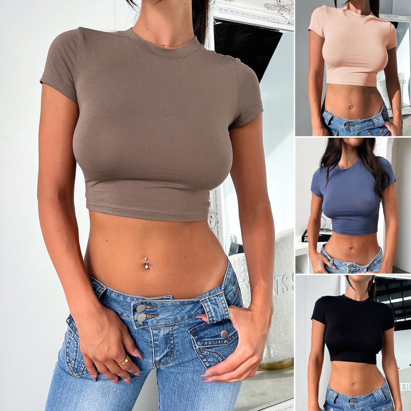 Women's Slim Fit Midriff-Baring Short Sleeve Crop Top