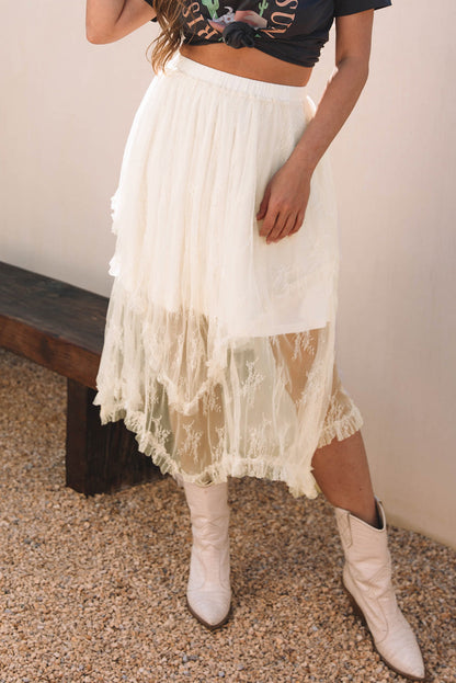 Threaded Pear Aliza Lace Cascading Tiered High Waist Maxi Skirt
