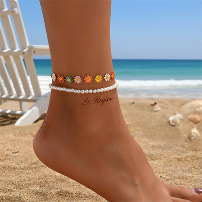 Pearl & Multi-Colored Enamel Goldtone Mum Stations Anklet Set