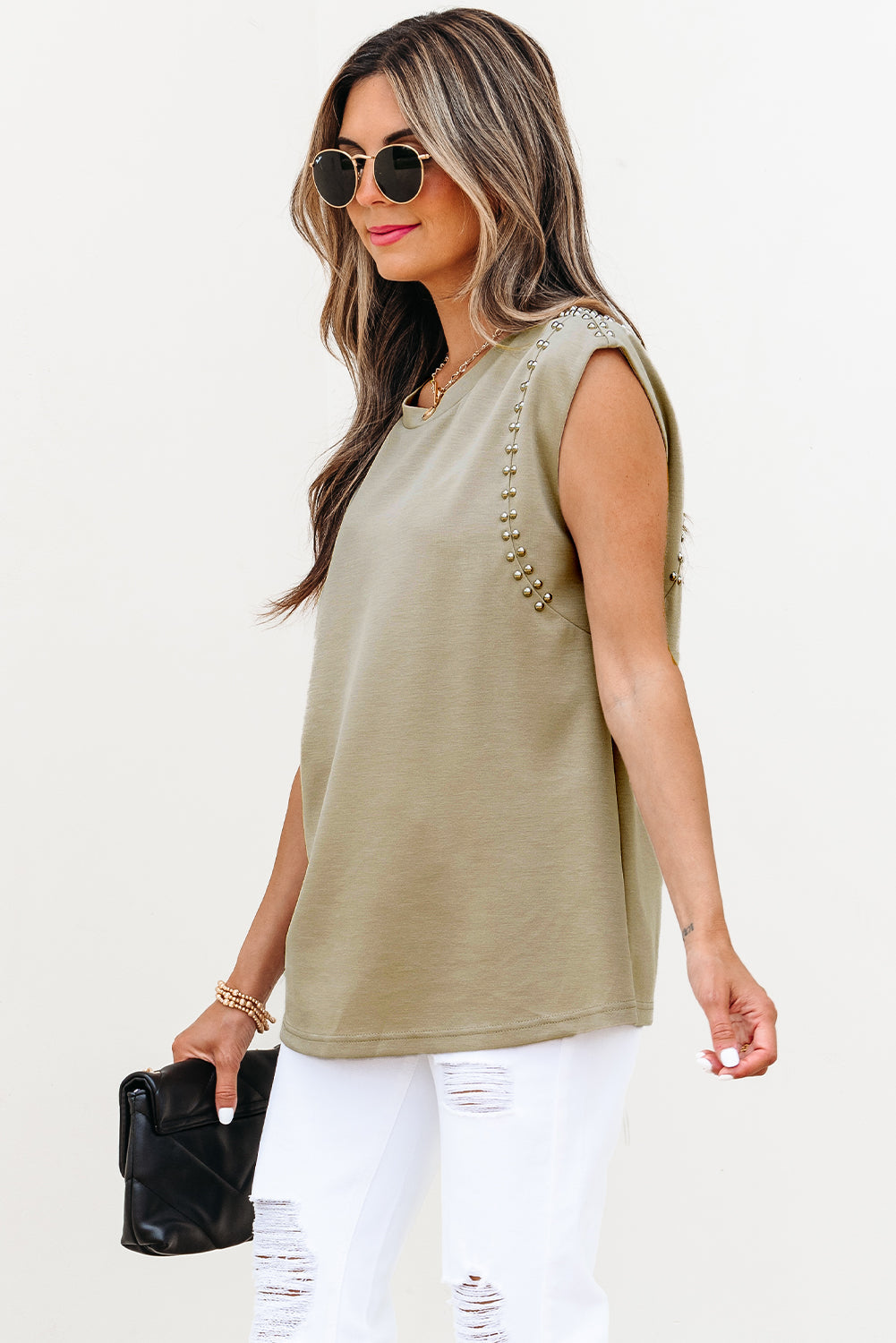 Threaded Pear Julietta Studded Cap Sleeve Round Neck Top