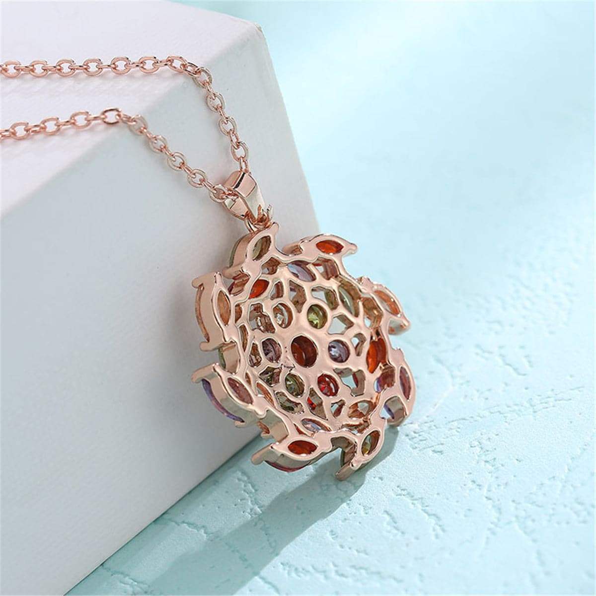 Rainbow Crystal & Rose Goldtone Flower Pendant Necklace