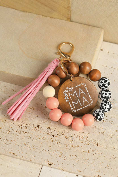 Threaded Pear MAMA Wood Pendant Leopard Fringe Keychain