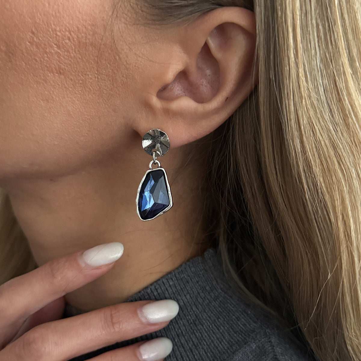 Teal Crystal & Silvertone Irregular Dangle Earring