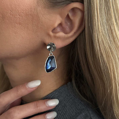 Teal Crystal & Silvertone Irregular Dangle Earring
