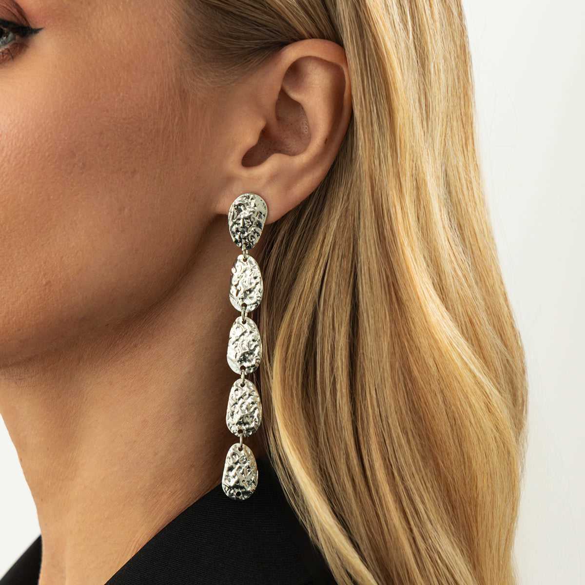 Silvertone Tiered Hammered Charm Dangle Earrings