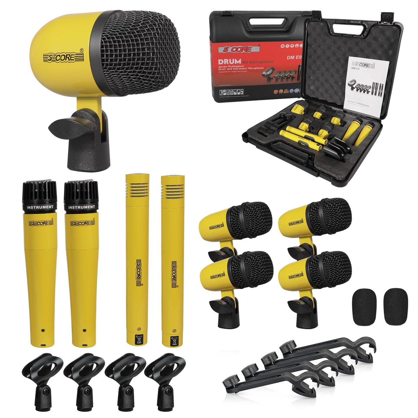 5 Core Drum Microphone Kit 9Pc All Metal Drummer Mics Tom/Snare & Cymbals Wired Instrument Drums Set - Yellow