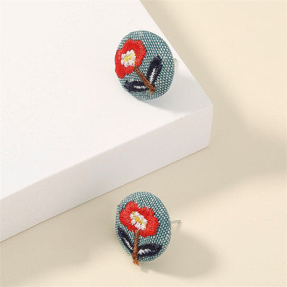 Silvertone & Red Floral Woven Stud Earrings