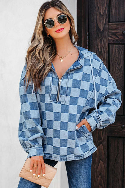 Taracella Checkerboard Zipped Kangaroo Hoodie - Sky Blue / L - 12/14