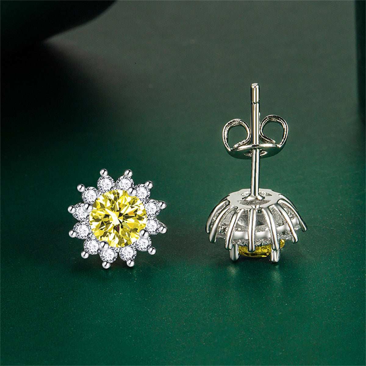 Yellow Crystal & Cubic Zirconia Silvertone Flower Stud Earrings
