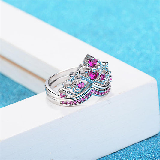 Rose Cubic Zirconia & Silvertone Stacked Crown Ring Set