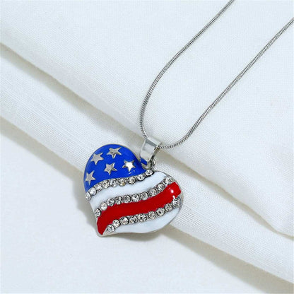 Cubic Zirconia & Silvertone Flag Heart Pendant Necklace