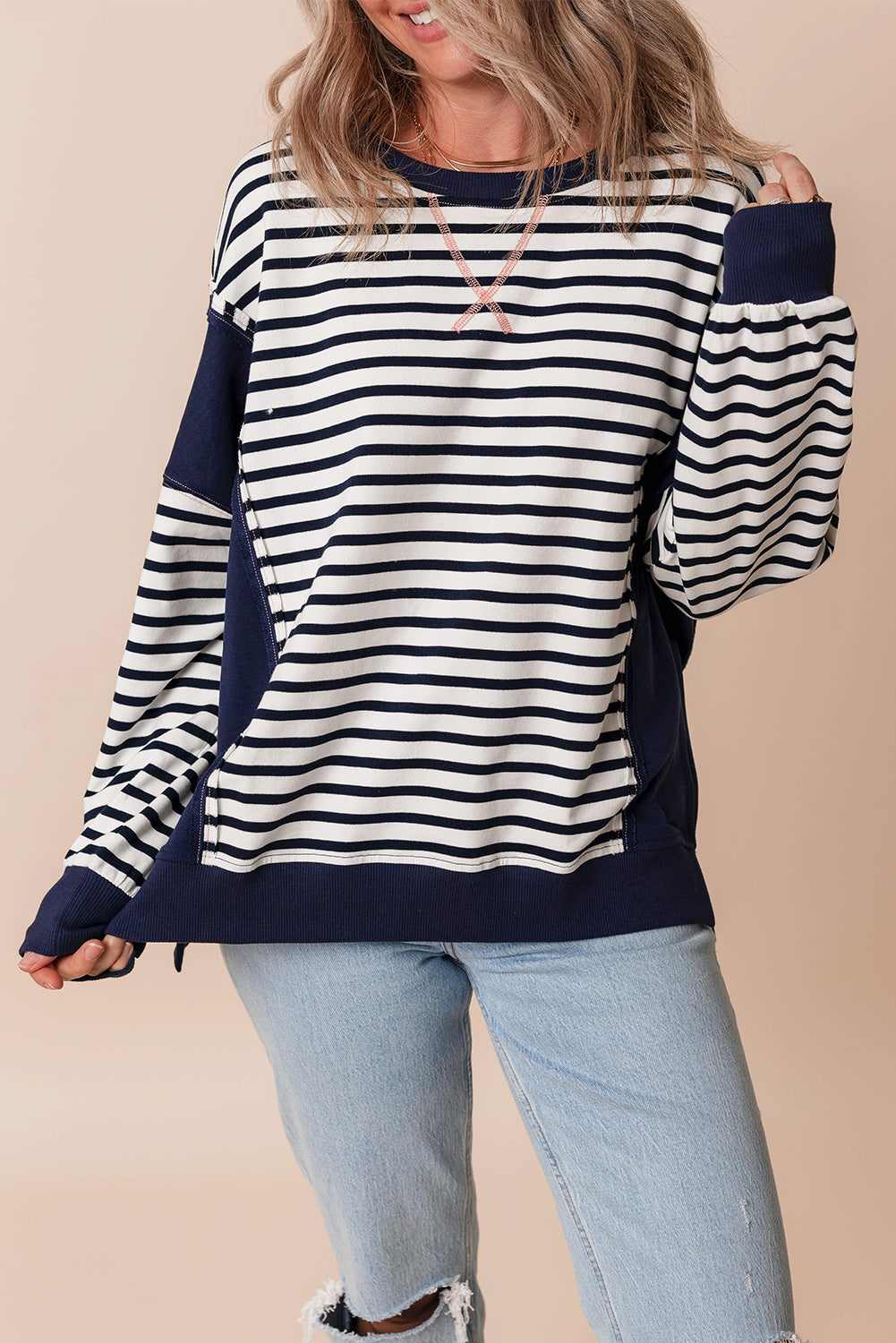 Sage Exposed Seam Loose Fit Sweatshirt - White Stripe / S - 4/6