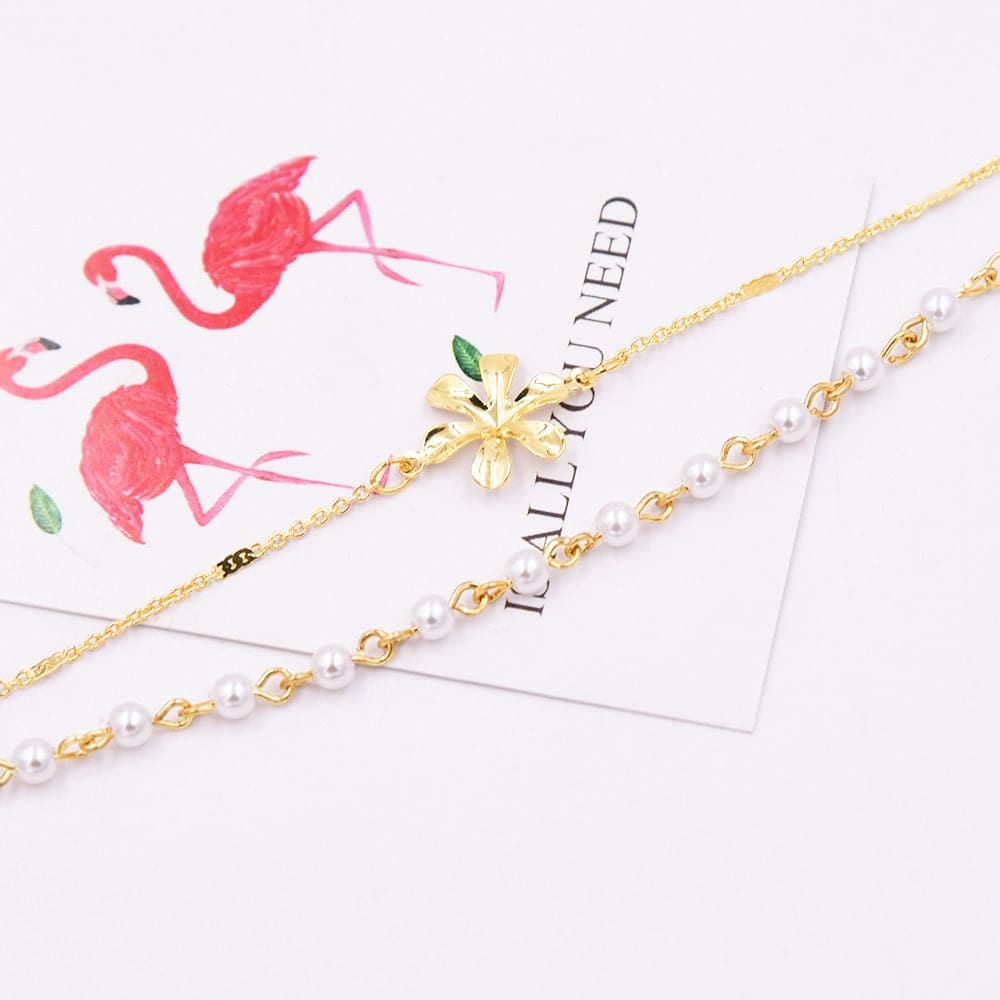 Pearl & Goldtone Flower Beaded Layered Anklet