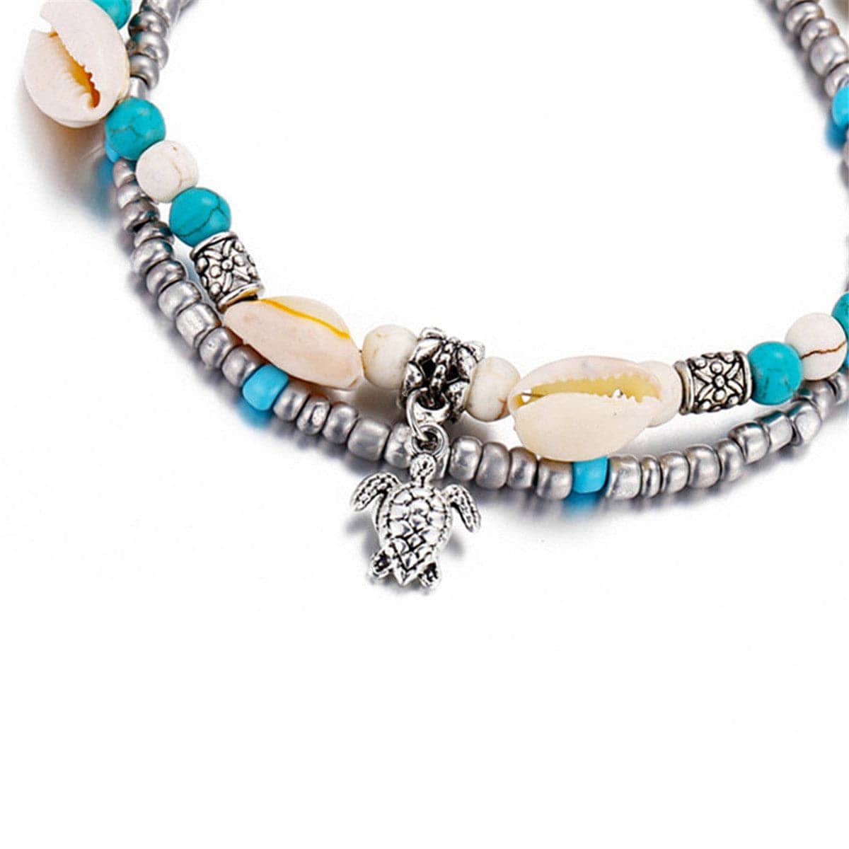 Turquoise & Silvertone Tortoise Charm Anklet