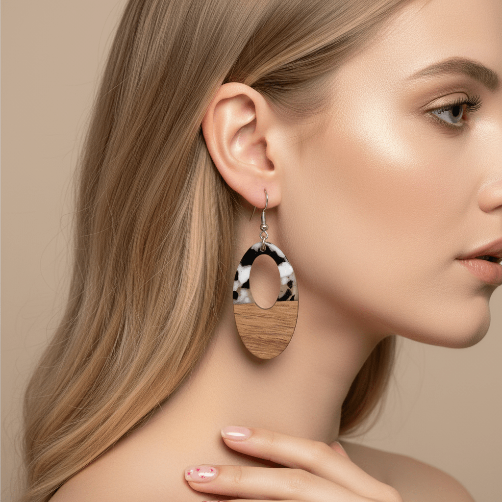 Black Resin & Wood Silvertone Open Oval Hook Earrings