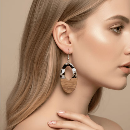 Black Resin & Wood Silvertone Open Oval Hook Earrings