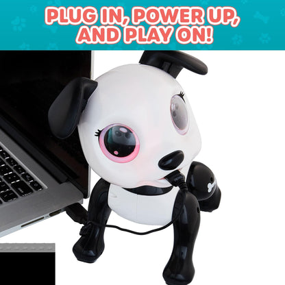 Black and white robot dog, white remoted, black, red, blue and gray food-