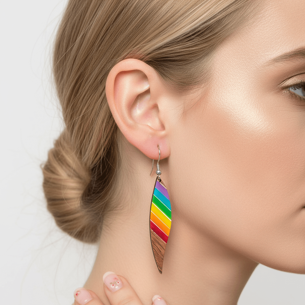 Rainbow Resin & Wood Silvertone Stripped Leaf Hook Earrings