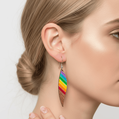 Rainbow Resin & Wood Silvertone Stripped Leaf Hook Earrings