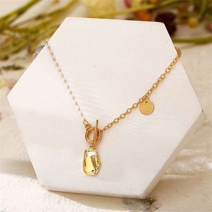 Pearl & Goldtone Convex Toggle Pendant Necklace