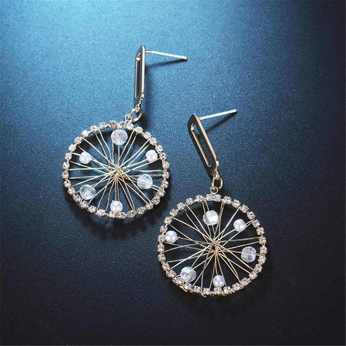 Cubic Zirconia & Pearl Goldtone Wheel Drop Earrings