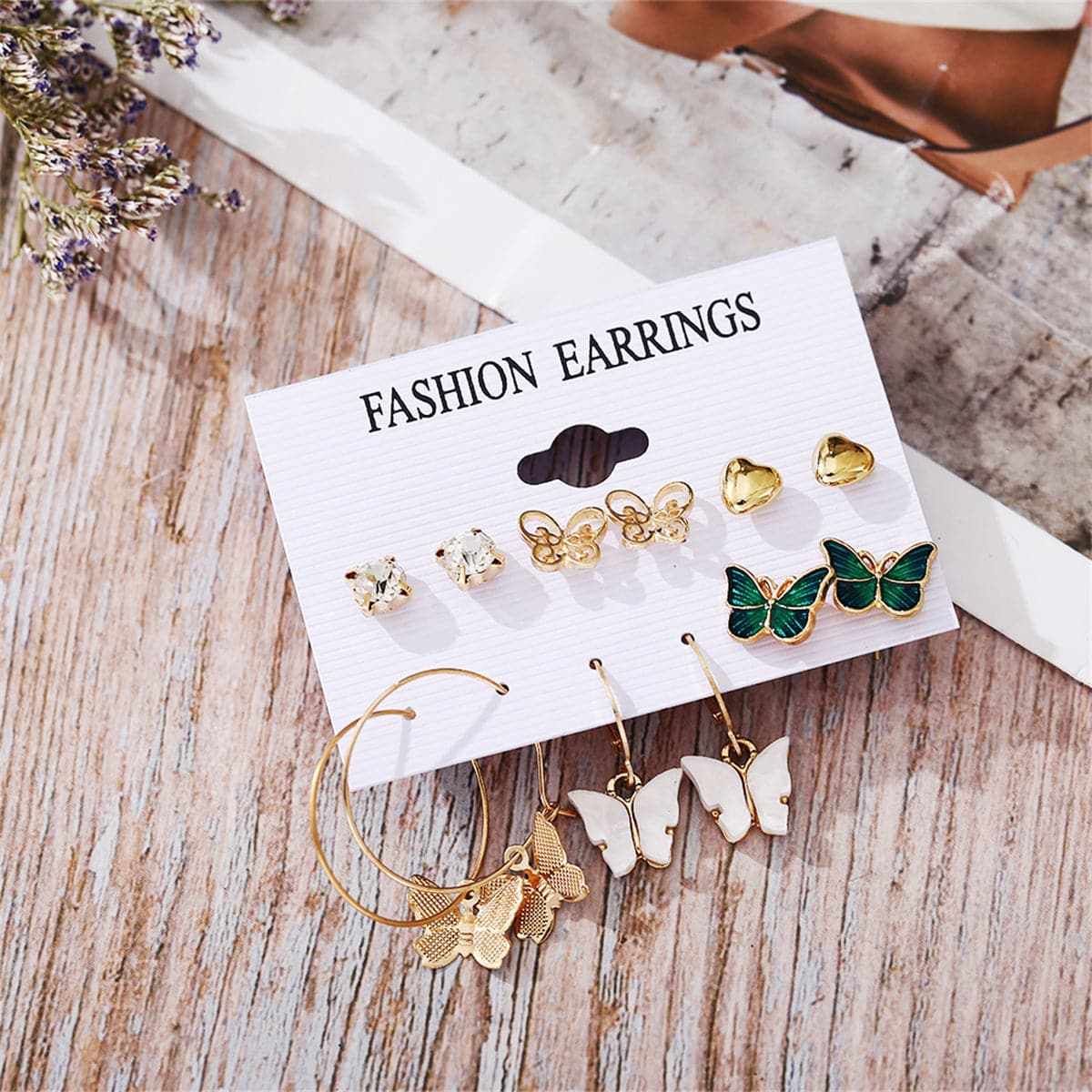 Cubic Zirconia & Acrylic Goldtone Butterfly Earrings Set