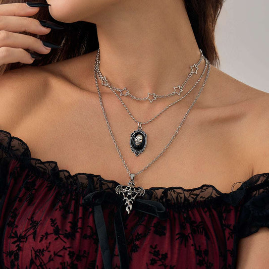 Black Resin & Enamel Silvertone Skull Bat Pendant Necklace Set