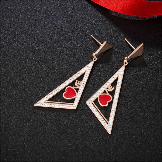 Red & Rose Goldtone Triangle Heart Drop Earrings